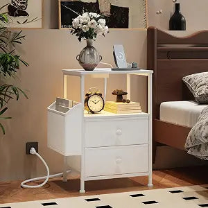 MALOL Night Stand with Charging Station & Led Light Strip,White