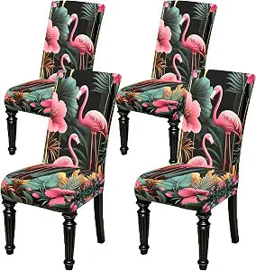Flamingo Chair Covers Set of 4, Stretch Tropical Dining Slipcovers