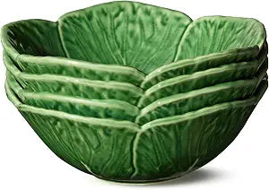 Le Jardin Green Cabbage Plates 3D CEREAL/SOUP BOWLS, SET Of 4 7" Sculpted Green Stoneware Leaf Bowls Garden-Inspired Stoneware for Breakfast, Snacks & Everyday
