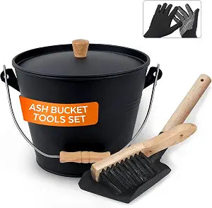 Small Ash Bucket with Lid and Shovel, Metal Fireplace Ash Bucket with Broom, Complete Fireplace Tools Set for Wood Stove and Fireplace, Black