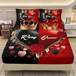 AILONEN King and Queen Fitted Sheet Set Queen Size, Love Heart Crown Rose Bedding Set for Girls Boys,Black and Red Bed Sheet Set 3Pcs for Bedroom Decor,1 Fitted Sheet and 2 Pillowcases,Soft