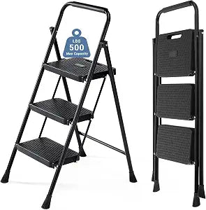 DUMOS 3 Step Ladder, Sturdy Step Stool with Anti-Slip Pedal & Comfortable Handrail, Portable Heavy Duty Stool for Kitchen, Garage & Outdoor Use, 500lbs, Black