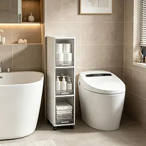3-Tier Slim Bathroom Storage Cabinet, Narrow Storage Shelf with Wheel, Large Capacity & Water-Proof, Freestanding Skinny Holder for Bathroom Living Room Entryway Kitchen Hallway Small Space