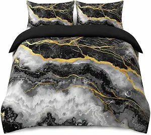CCoutueChen Black Grey Marble Comforter Set Queen Size with Gold Glitter