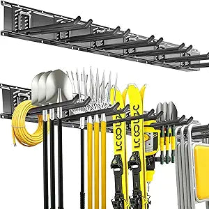 Garage Tool Organizer Wall Mount, 48 Inch Heavy Duty Garden Tool Organizer Storage System, Easy Install with 6 Adjustable Straight Hooks, for Garage, Basement, Shed, Workshop, Black, Steel