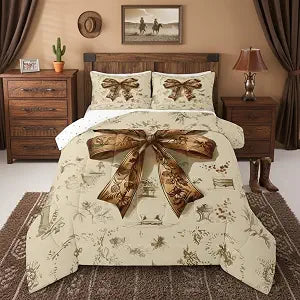 Erosebridal Brown Bowknot Comforter Set Full | Coquette Decor Bohemian Bedding Set Western Cowboy Down Comforter Hippie Pastoral Style Quilt Soft Warm Bedroom Decor,3 Piece with 2 Pillowcase
