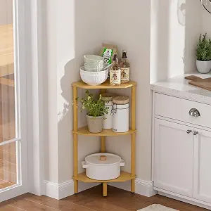 3 Tier Bamboo Corner Shelf, Storage Stand with Adjustable Feet, Small Spaces Corner Bookshelf, Plant Stand, Space-Saving Organizer Shelves, Small Corner Table for Bathroom Kitchen Living Room