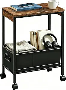 Small Narrow End Table with Basket on Wheels, Rolling Storage Cart