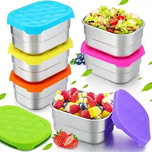 Layhit 6 Pcs Stainless Steel Snack Containers for Kids, 8 oz Leakproof Lunch Containers with Silicone Lids, Reusable Metal Bento Snack Boxes for School Daycare Meal Prep Food Storage(Vivid Color)
