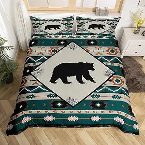 Wild Bear Bedding Set King Size for Bedroom Decorative,Geometric Flower Stripes Leaves Plant Boho Style Duvet Cover,Wildlife Animal Silhouette Bedding Quilt Cover with 2 Pillow Cases(Not Comforter)