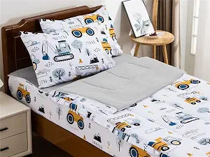 NTBED Construction Truck Printed Zipper Bedding Sets Twin Lightweight Microfiber Forest Car Comforter Set with Fitted Sheet Pillow Covers,White Grey