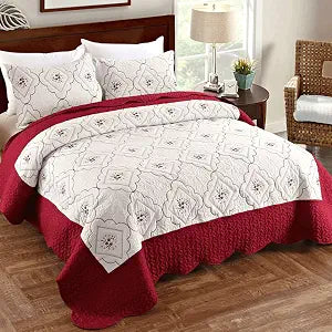 3 Pcs Embroidered Quilt King Size Floral Bedspread Soft Breathable Flower Coverlet Burgundy White Bed Cover Embroidered Bedding Christmas Bed Home Decor