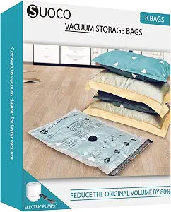 SUOCO 8 Combo Vacuum Storage Bags with Electric Pump, (2 Jumbo, 2 Large, 2 Medium, 2 Small) Travel Clothes Space Saver Bags, Compression Airtight Seal Bags for Clothing, Pillows, Comforters, Blankets