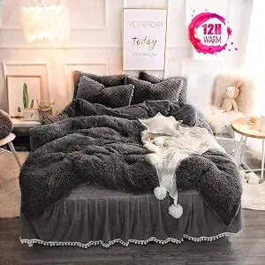 MUKKA Faux Fur Velvet Fluffy Duvet Cover Bed Se Queent, Fluffy Fuzzy Comforter Cover 3 Pieces Plush Shaggy Duvet Cover Set Queen, Dark Grey