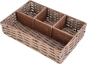 Whitmor 4-Compartment Woven Storage Basket with Dividers, Divided Makeup Organizer and Drawer Split Rattique Bin for Bathroom Countertop, Vanity, Office Desk, 11.8x7.9x2.8 Inches, Light Brown