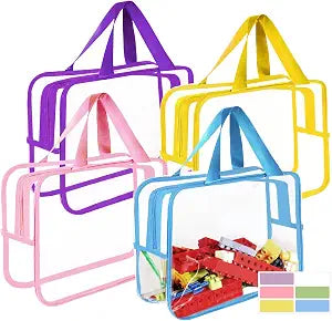 4 Pcs Storage Bags, Clear PVC Organizer with Zipper, Waterproof Travel Bags with Labels for Building Blocks, Puzzle, Books (multicolor1)