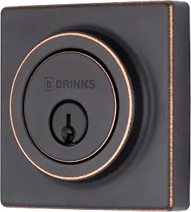 BRINKS Deadbolt Lock, Single Cylinder Dead Bolt - Tuscan Bronze - Square Exterior Keyed Front Door Entry Contemporary Modern Finish