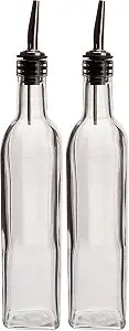 Winco 16 Oz. (Ounce) Oil Vinegar Cruet, Square Tall Glass Bottle w/Stainless Steel Pourer Spout (Pack of 2)