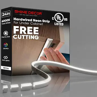 Shine Decor Under Cabinet Lighting Strip, Free Cuttable LED Silicone Neon Rope Hardwired 24V Anti-Glare Bright Cozy 504 Lumen for Indoor, Adhesive White Shell 6000K Cool 24 UL Certified, No Adapter