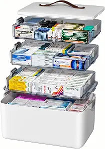 JOYBOS 4-Tier Medicine Organizer Storage Box with Lid and Leather Handle, Portable Latch Bin for Pill Bottle, First Aid, Sewing, Art, Craft