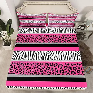Zebra Stripes Sheet Sets Leopard Print Fitted Sheet for Kids Boys Girls Pink Black White Zebra Leopard Fur Bedding Set Ultra Soft Decor Wild Animal Skin Texture Bed Cover No Flat Sheet Twin Size