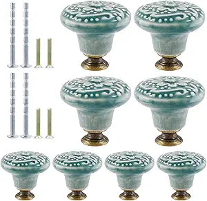 8pcs Green Ceramic Knobs, Vintage Kitchen Cabinet Pulls