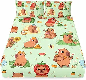AILONEN Kawaii Capybara Fitted Sheet Set Twin Size, Boys Girls Cartoon Cute Capybara Bedding Set for Kids Teens,Grass Green Bed Sheet Set,1 Fitted Sheet + 2 Pillowcases,3 Piece
