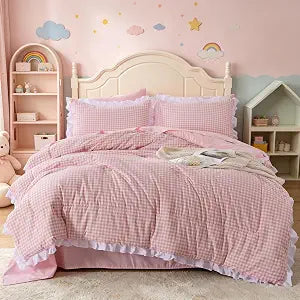 Aimuan Bow Pink RuffleCheckered Comforter Set, Chic Grid Bowknot Bedding Sets, Princess Themed Bed Sets for Kids Girls, Blush, Twin