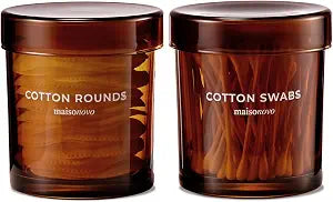 MaisoNovo Glass Bathroom Containers with Lids (Airtight) - Qtip Holder - Apothecary Jars for Cotton Rounds, Swabs, Balls, Pads - Amber Q Tip Dispenser - 2 pcs Bathroom Canisters Set for Organization