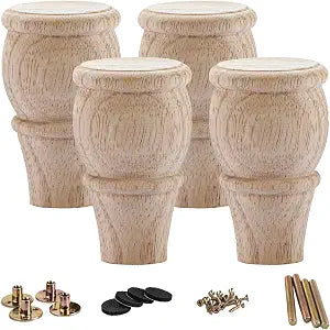 La Vane 4 inch / 10cm Wooden Furniture Legs, Set of 4 Solid Wood Carved Geometry Unfinished Replacement Bun Feet with Mounting Plate & Screws for Sofa Cabinet Couch Table TV Stand
