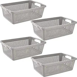 Hedume 4 Pack Plastic Storage Baskets with Handle, 15x9.8x4.7 Pantry Storage Bins, Closet Baskets, Large Organization Basket for Nursery, School, Office