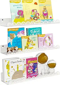 Nursery Book Shelves, Metal Floating Shelves for Wall 3 Pack, White Scalloped Shelf, Wall Mounted Book Shelf for Kids Rooms, Baby Bookcase, Nursery Decor.