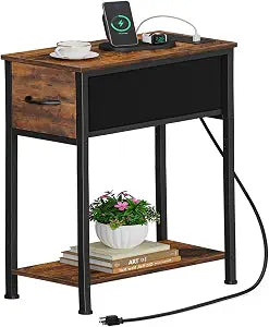 Vagusicc End Table with Charging Station, Narrow Side Table Nightstand with Fabric Drawer, Slim Nightstand for Bedroom, Small Bedside Table, Slim Sofa Side Table for Small Spaces, Rustic Brown