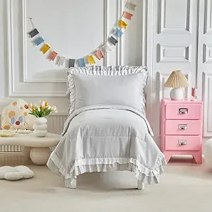 4 Pieces Double Layer Toddler Bedding Set - Light Grey& White Ruffle Fringe 4 Pieces Toddler Bed Set - 1 Comforter 1 Fitted Sheet 1 Flat Sheet 1 Pillowcase for Baby Boys and Girls Light Grey