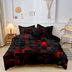 Duvet Cover Set Full Size, Red and Black Grid Printed Quilt Personalized Geometric Square Grid Bedding Set for Adult Kids Boys Girls Comforter Quilt Cover (1 Duvet Cover + 2 Pillowcase)