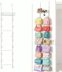 Over the Door Purse Organizer, Wall Mounted Handbag Storage Rack with 16 Hooks and Mesh Basket, Heavy Duty Carbon Steel Bag Holder for Closet, Entryway, Apartment Essentials, Splitable Design, White