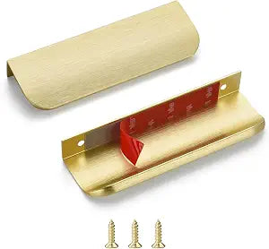 Edge Finger Pulls for Cabinets Peel and Stick on Kitchen Drawer Pull Hidden Invisible Flat Self Adhesive No Drill Handle Pack of 5 Brushed Brass 4.72 inch Overall Length Easy Installation