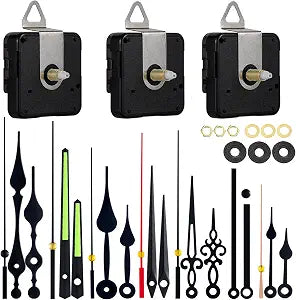 EMOON 3 Pack Silent Clock Mechanism Replacement Kit, Quartz Clock Movement with 7 Sets of Hands, Battery Operated (Shaft 16mm, 20mm, 23mm)