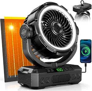 Rechargeable Solar Powered Camping Fan & Auto Oscillating, 60H RuntimeBattery Powered Fan, Portable Outdoor Fan,5 Speeds,3 Lights,12H Timer for Travel, Fishing,Jobsite,Beach,Camping Essential