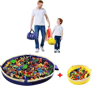 Toy Storage Mat Bag by Drawstring for Lego - Play Mat Bag Toy Storage Container for Kids with Cap can as Gift (2Pcs = Big Blue + Mini Yellow)