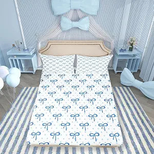 Manfei Cute Bowknot Girly Fitted Sheet Twin Size,Bow-tie Geometric Dots Patchwork Bedding Set,Girls Women Room Decor,Castle Princess Style Bed Cover,Blue White Noble Bed Sheet,1 Pillowcase