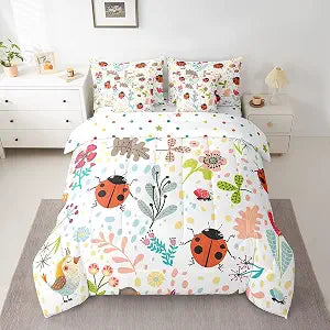 Erosebridal Cute Ladybug Queen Size Comforter Set 7 Piece with Sheets Cartoon Red Ladybird Bed in A Bag for Kids Girls Botanical Floral Insect Bedding Set Nature Kawaii Sheet Set with Comforter