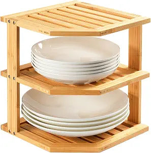 Umilife Plate Organizer for Cabinet, Bamboo Corner Shelf, Dish & Bread Organizer, Spice Rack, Kitchen Bathroom Countertop Storage Organization Space Saver