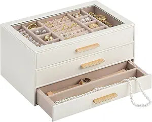 Lolalet Jewelry Box Organizer, 3-Layer Jewelry Storage Case -Beige