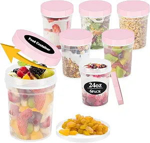 LEAWALK Reusable Food Freezer Storage Containers with Lids, BPA Free Twist Top Deli Container, Leak Proof, Stackable, Microwave and Dishwasher Safe (6, Pink (24oz-6Pack), 24oz)