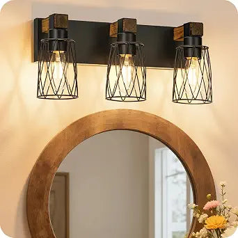 Industrial Farmhouse Bathroom Vanity Light, 3-Light Wood and Metal Wall Light Fixture, E26 Bulbs Not Included, for Bathroom, Vanity, Hallway, Black and Rustic Brown B19BD05