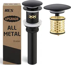 KES Bathroom Sink Drain with Overflow, All Metal Pop Up Drain for Bathroom Sink Stopper with Brass Strainer Basket Hair Catcher Anti Clog Rustproof 18/8 Stainless Steel Matte Black, S2018A-BK