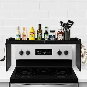 Over The Stove Shelf, Wood Stove Top Shelf,31.5" Stove Top Organizer Shelves with 6 Hooks,11.5" Height Over Stove Spice Rack for Kitchen, Black