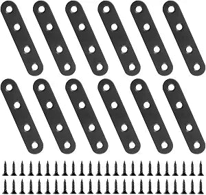 12 PCS 2.99'' x 0.63'' Stainless Straight Flat Brackets, Black Flat Metal Brace Bracket, Support Flat Metal Brace for Wood Furniture, Mending Plate Connector Joining Bracket for Fence,48 Screws