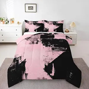 Feelyou Abstract Comforter Set All Season Modern Abstract Art Bedding Set with 2 Pillow Cases Luxury Microfiber Kids Full Bedclothes Geometric Bedroom Decor Pink and Black Duvet Quilt Soft Lightweight